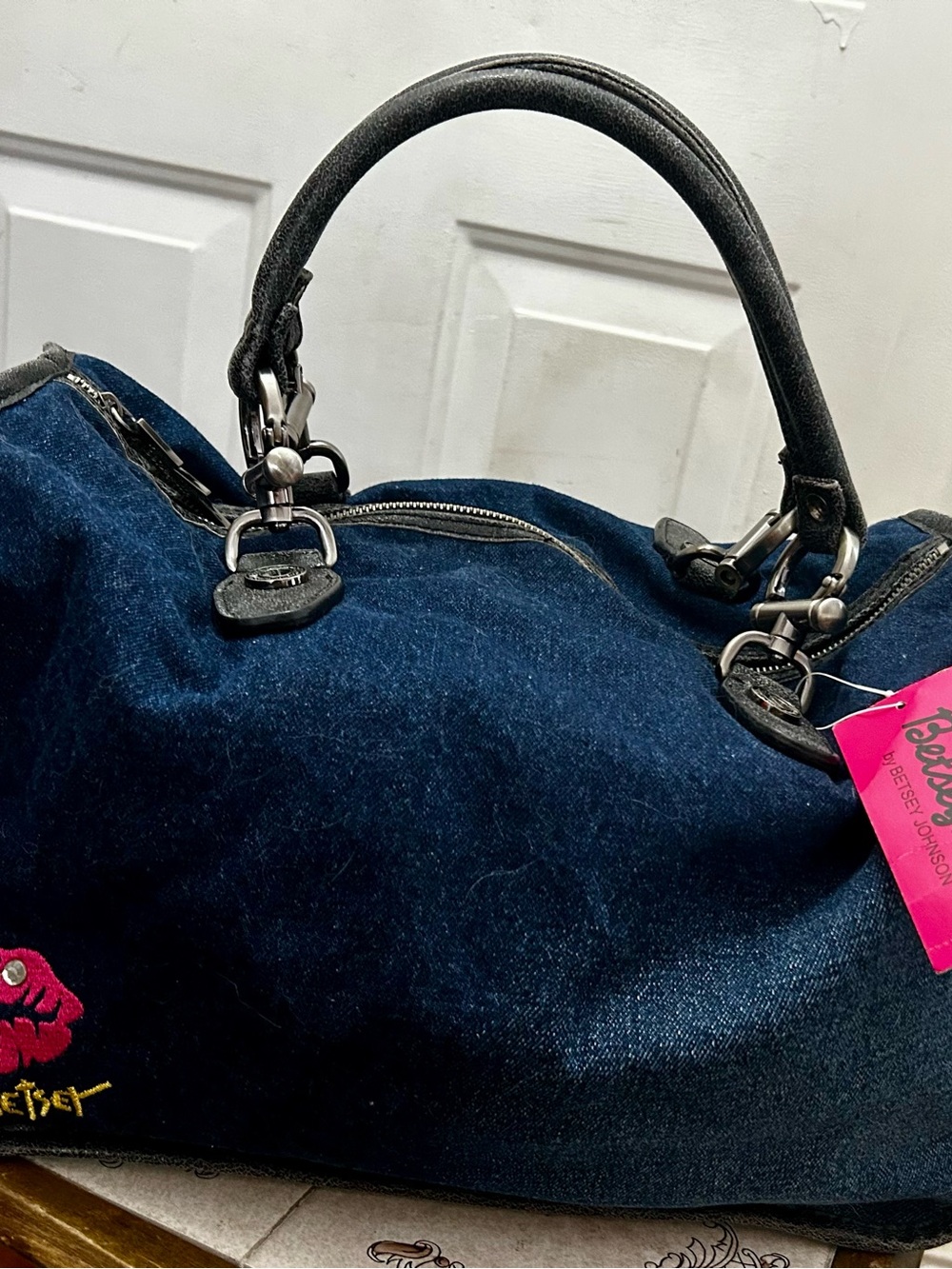 Betseyville by Betsey Johnson Dark Blue Denim Tote with Black Handles